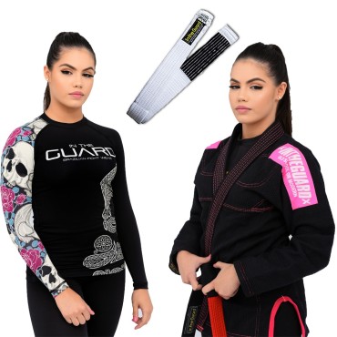 Kit Kimono In The Guard, Feminino Pink + Faixa BJJ + Rash Guard Skull - Preto