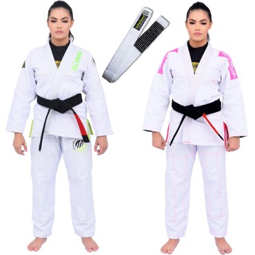 Kit com 2 Kimonos In The Guard, Feminino Green e Pink + Faixa BJJ com ponteira - Branco