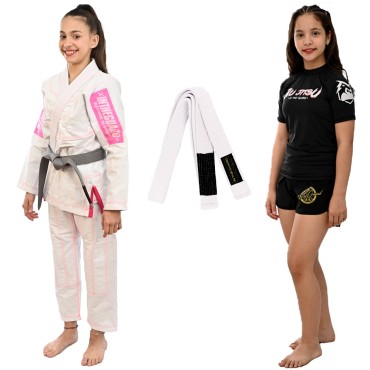 Kimono Jiu Jitsu + Faixa BJJ com ponteira + Rash Guards - Branco