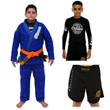 Kit Kimono In The Guard Jiu Jitsu + Rash guard Infantil + Bermuda Infantil - Azul 